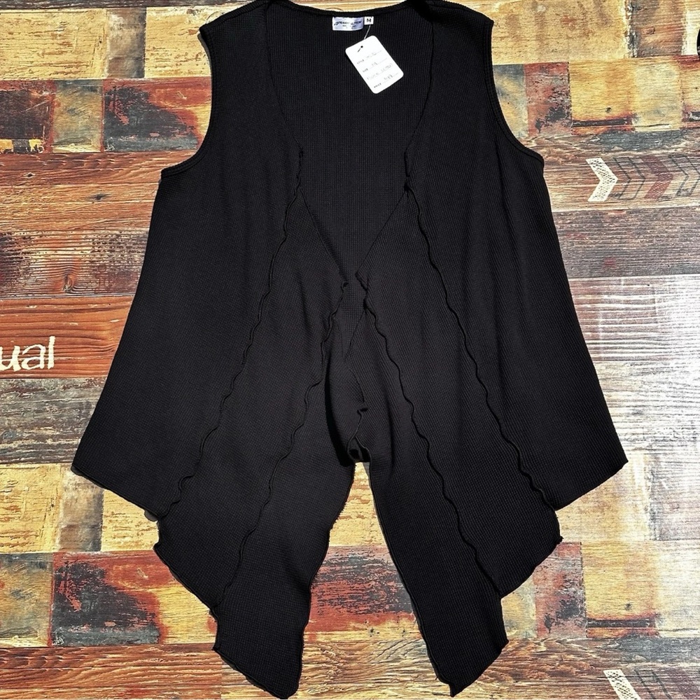 Prairie Cotton Waffle Knit Vest Sz S Black Asymmetrical Hem Boho Layering Lagen